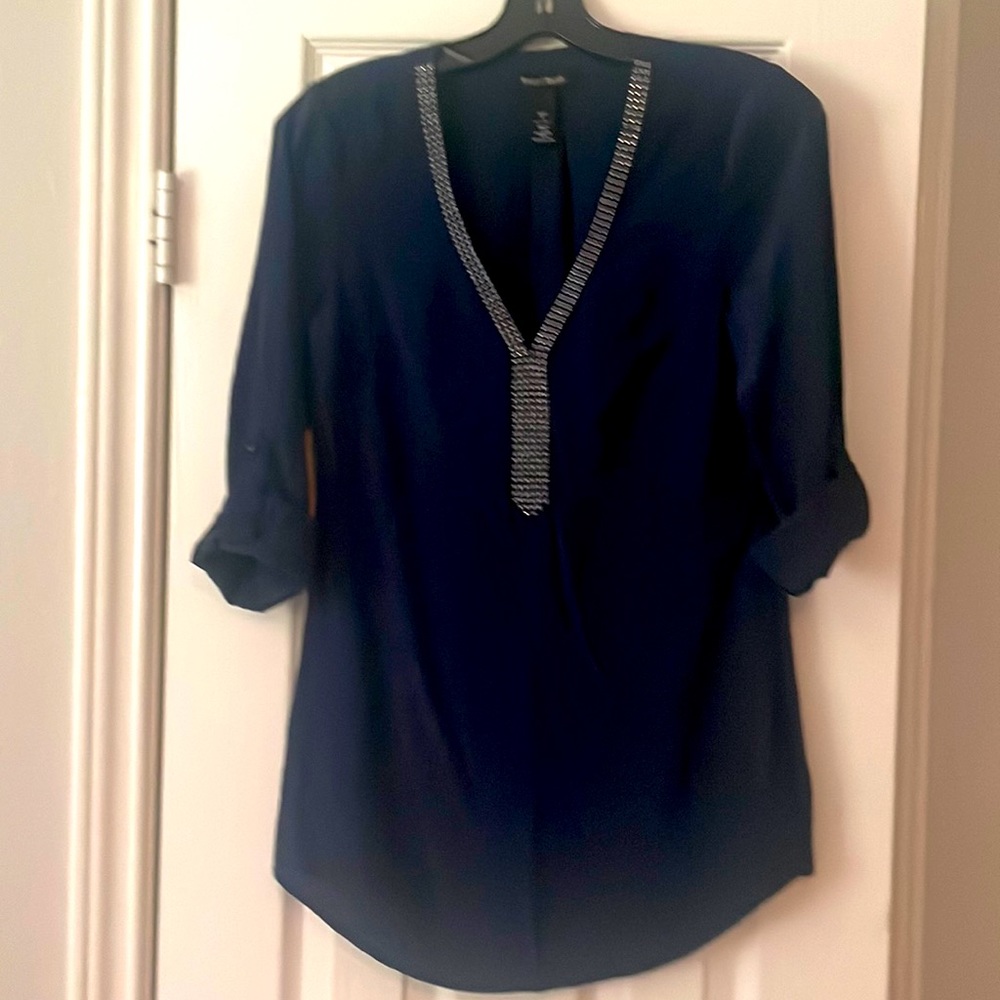 Women Navy Blue 3/4 Sleeve V-neck Studded Tunic